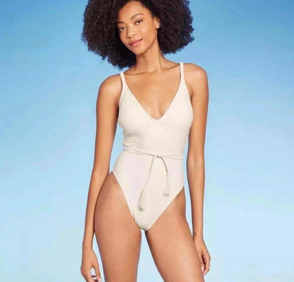 Shade & Shore Cream Braided Belt One Piece Swimsuit Size M